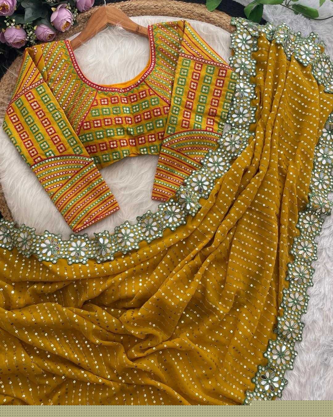 Georgette Sequin  Cutwork Mirror Work Saree