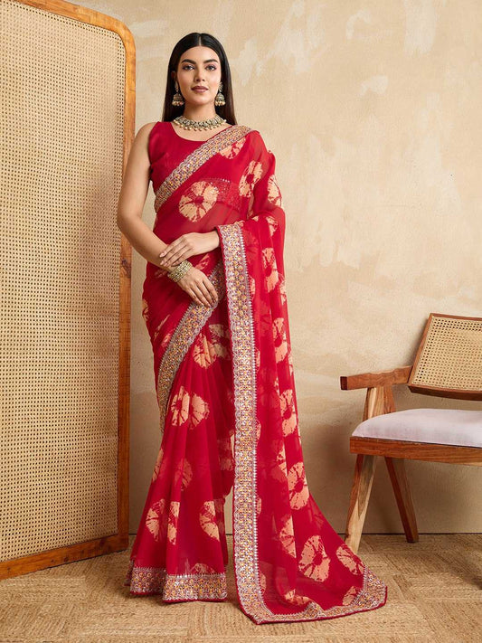 Georgette  Embroidered Bandhani Saree