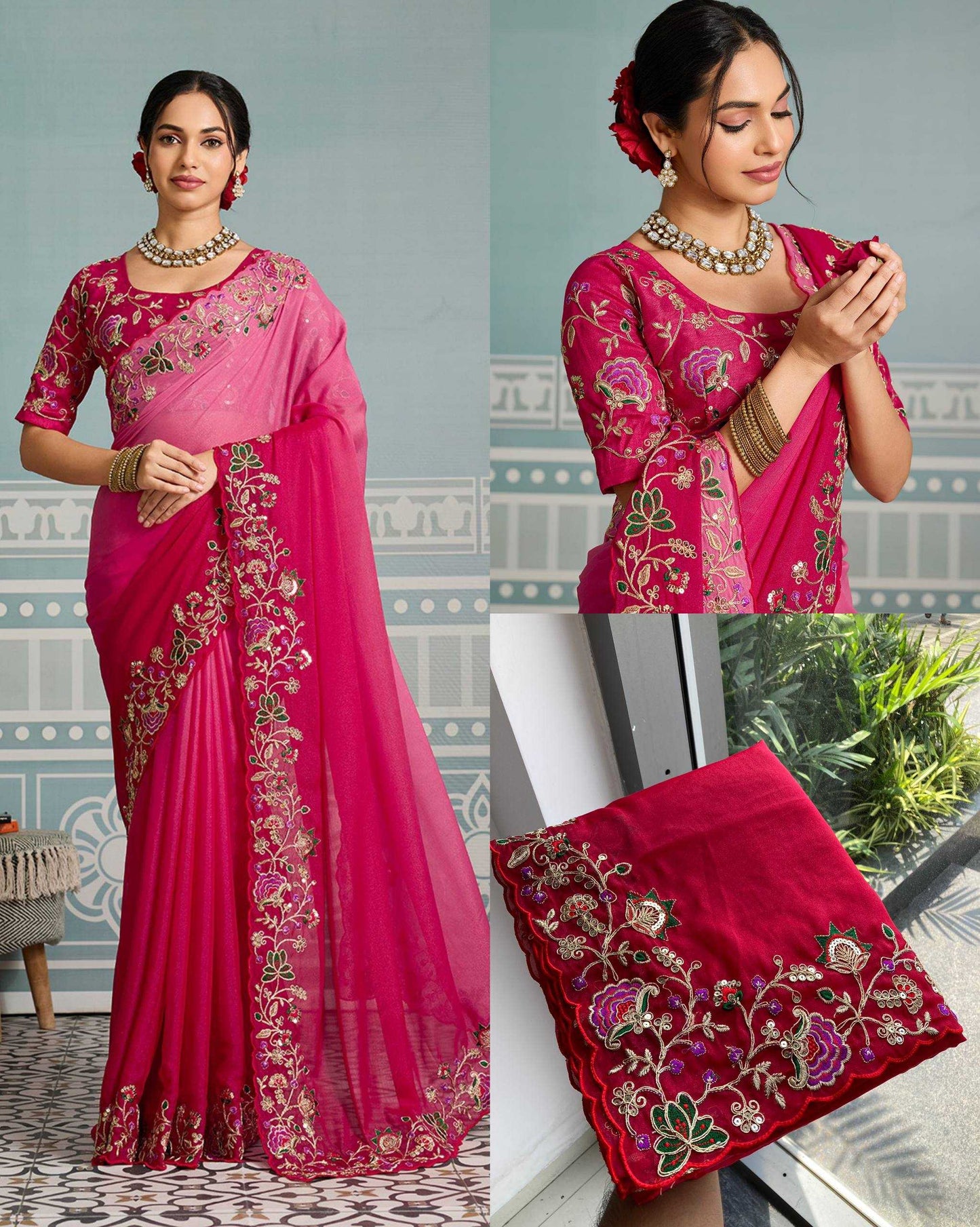 Georgette  Embroidered Cutwork Saree