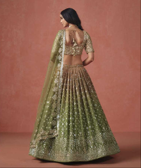 Woman wearing a green and gold traditional outfit with a close-up inset on a pink background