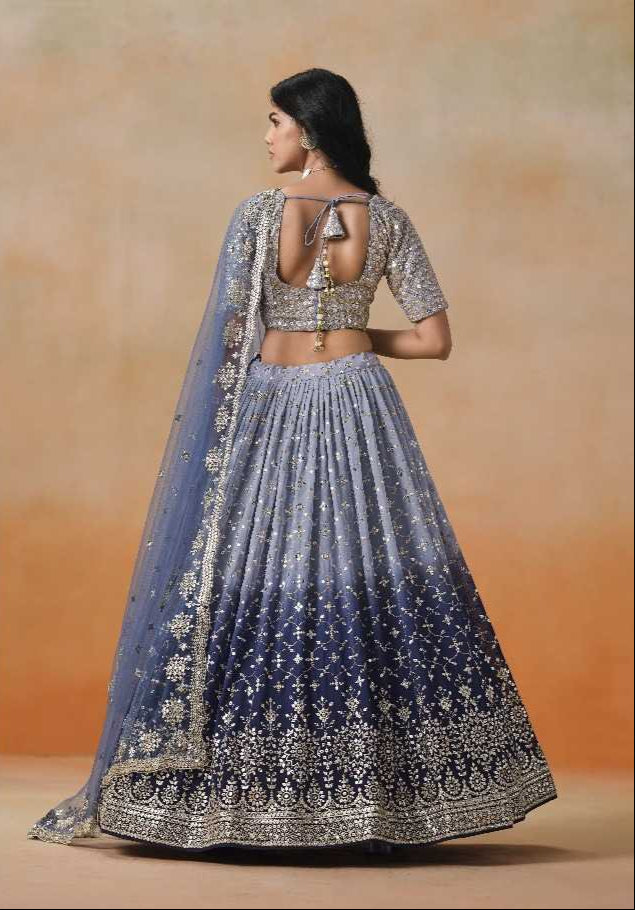 Woman wearing a traditional outfit with intricate designs, shown from multiple angles.