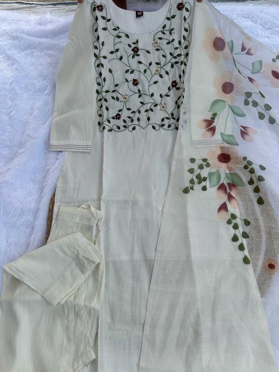 Heavy Roman Silk  Embroidered Silk White Kurti