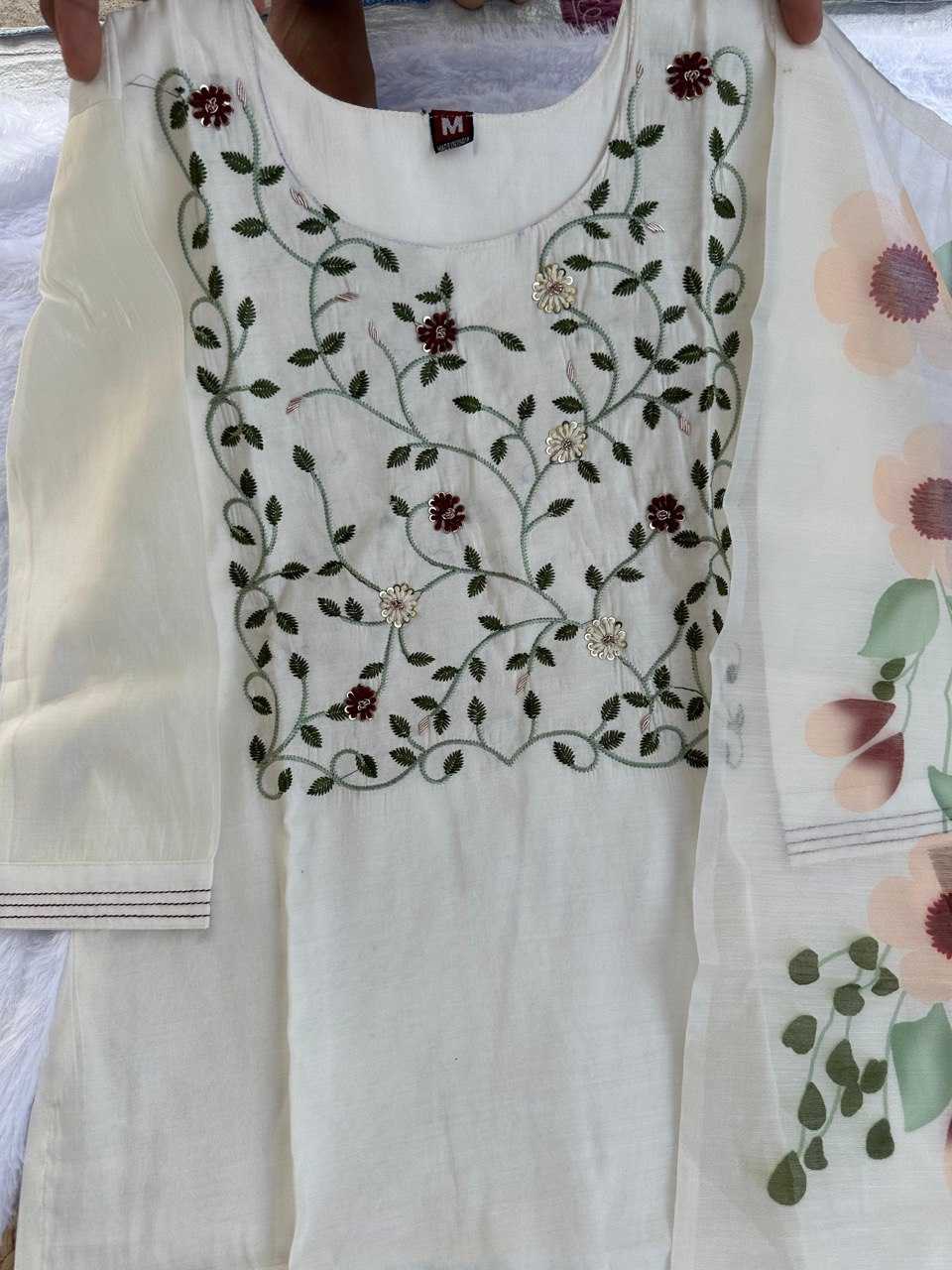 Heavy Roman Silk  Embroidered Silk White Kurti