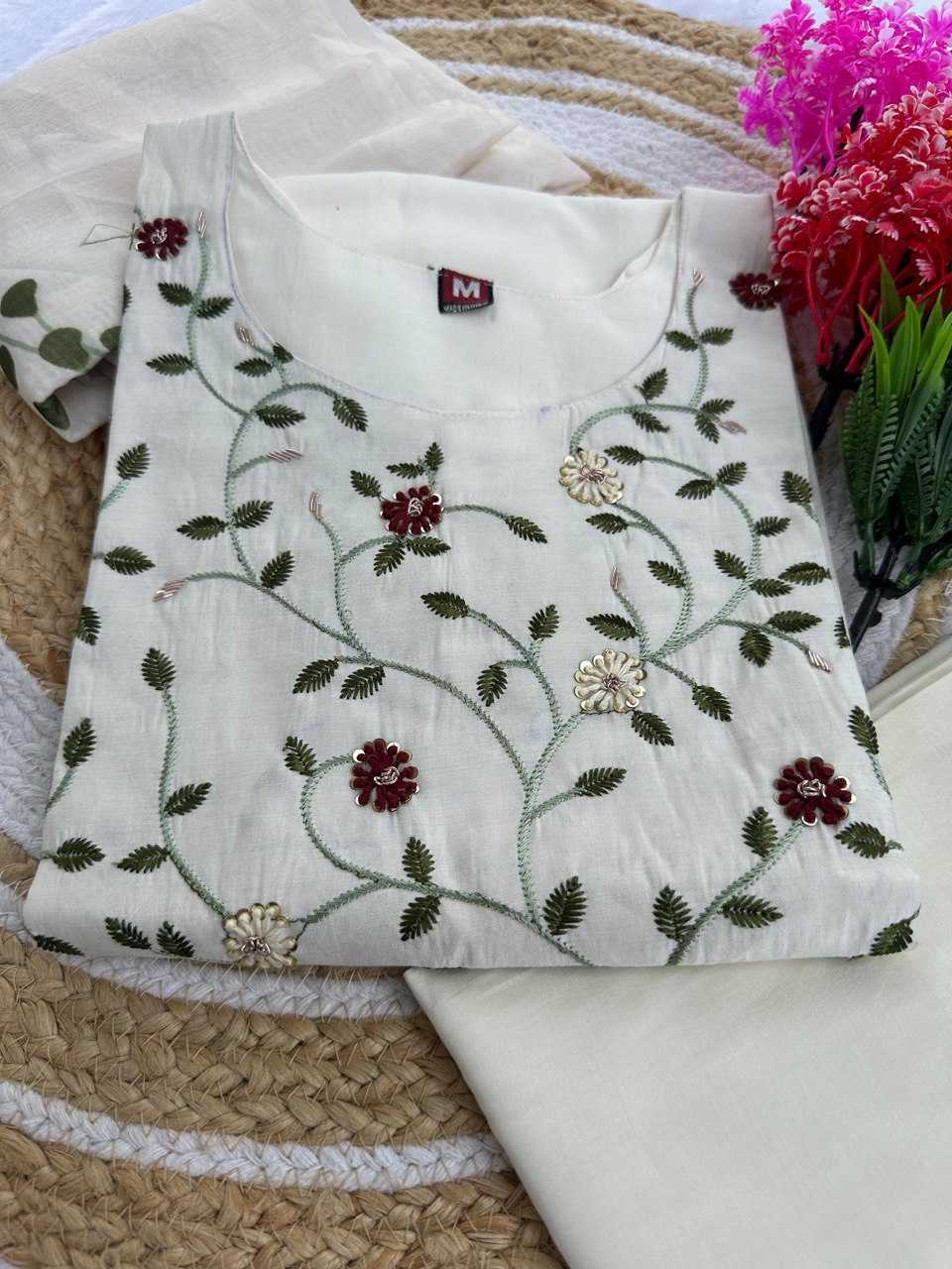 Heavy Roman Silk  Embroidered Silk White Kurti