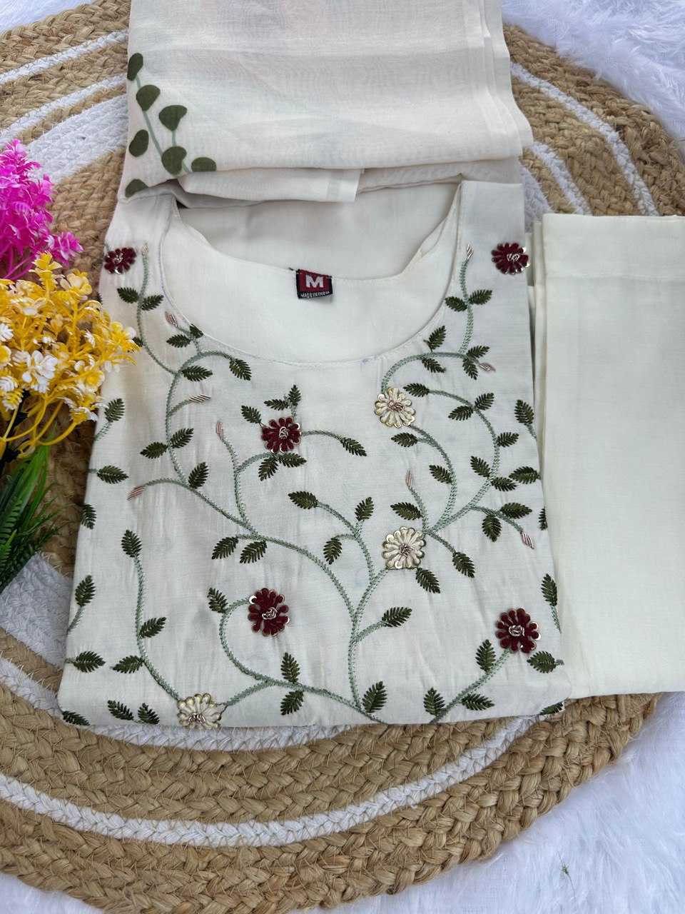 Heavy Roman Silk  Embroidered Silk White Kurti