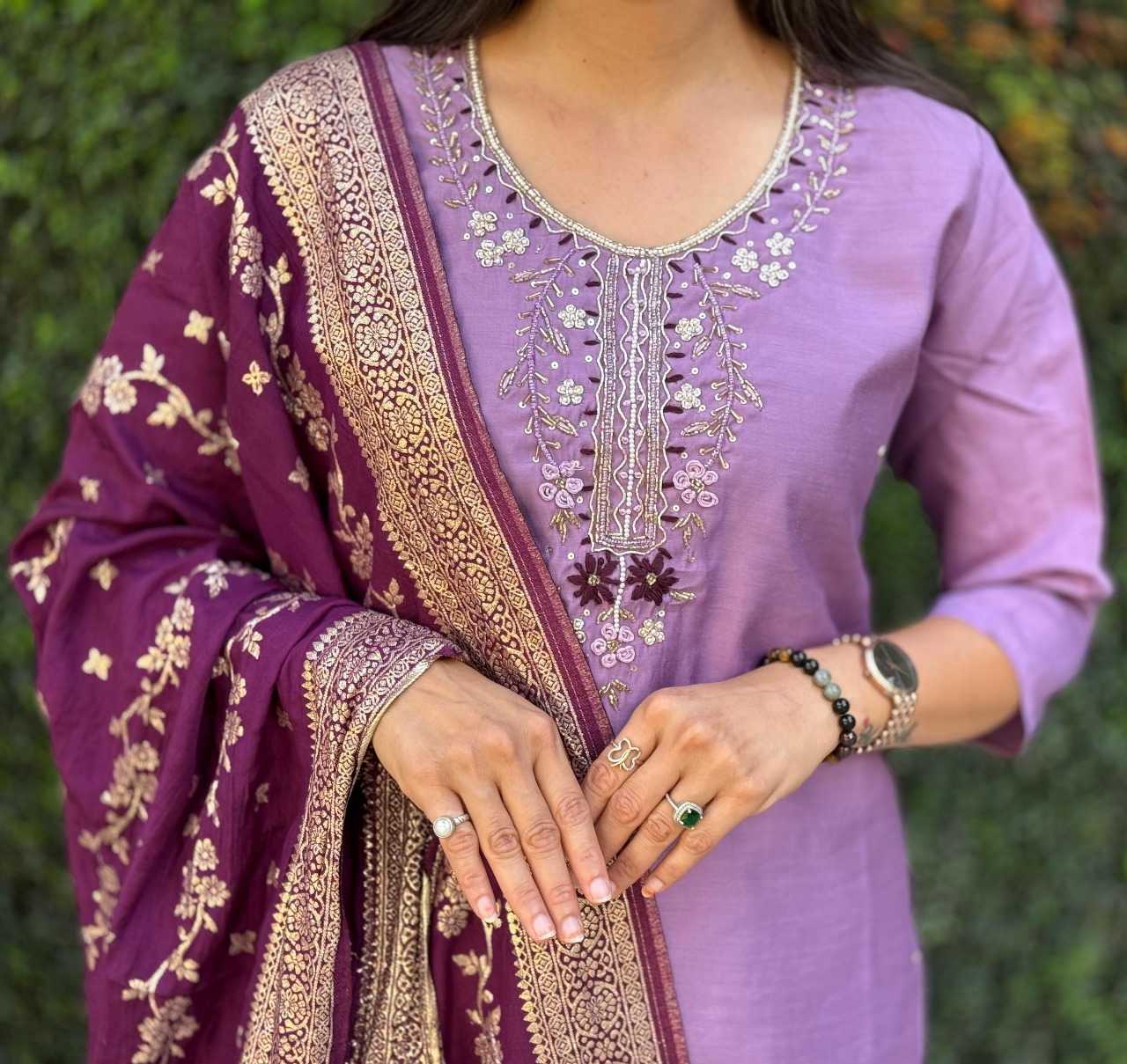 Heavy Roman Silk  Embroidery Suit