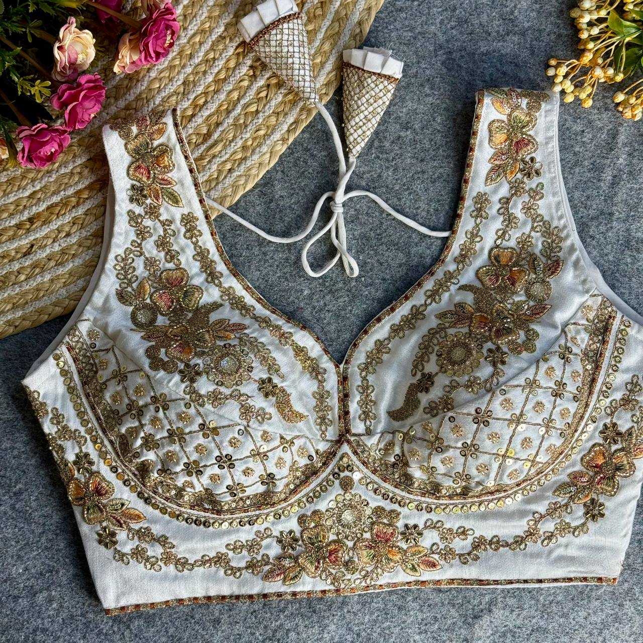 Italian Silk  V-Neck  Sequence Embroidery Blouse
