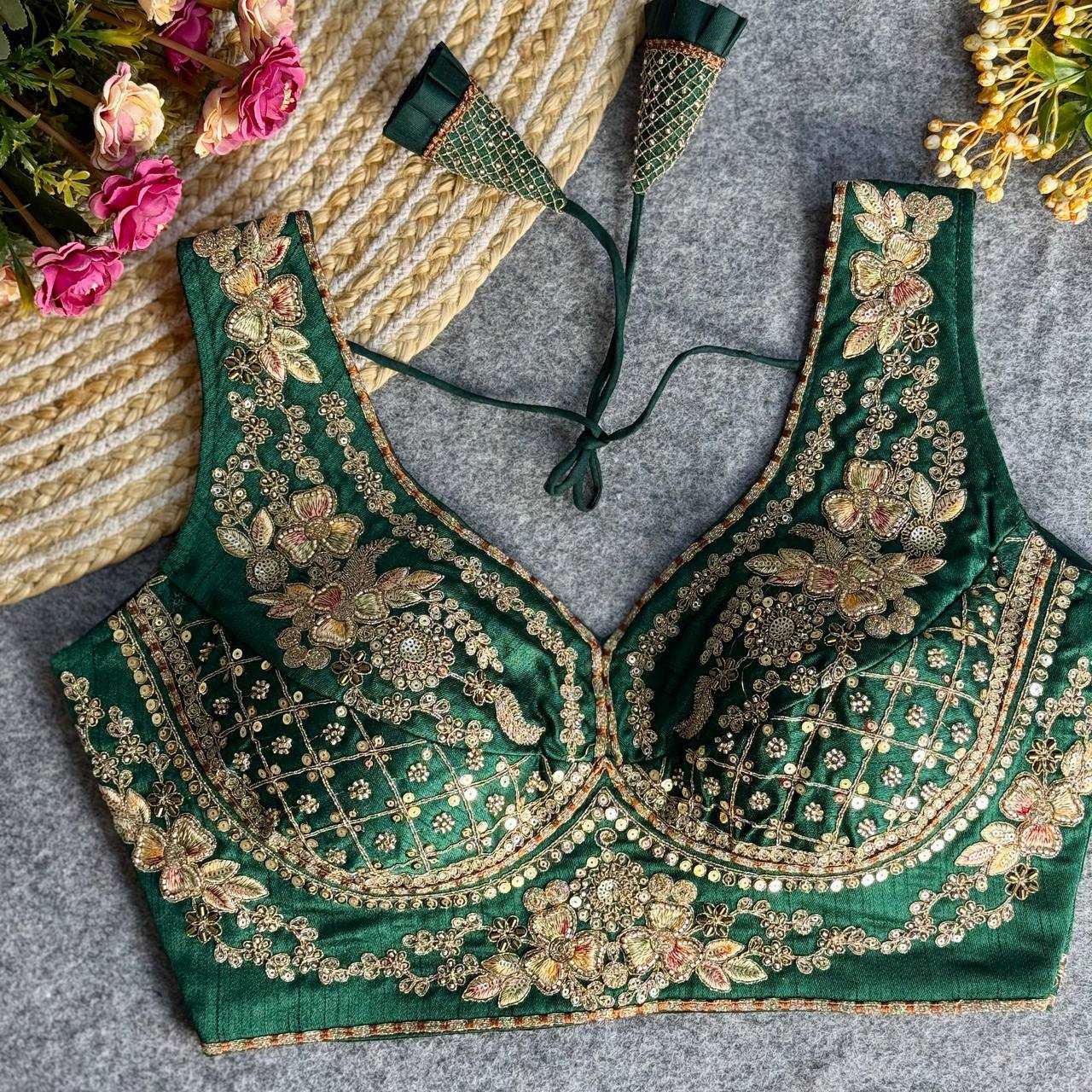 Italian Silk  V-Neck  Sequence Embroidery Blouse