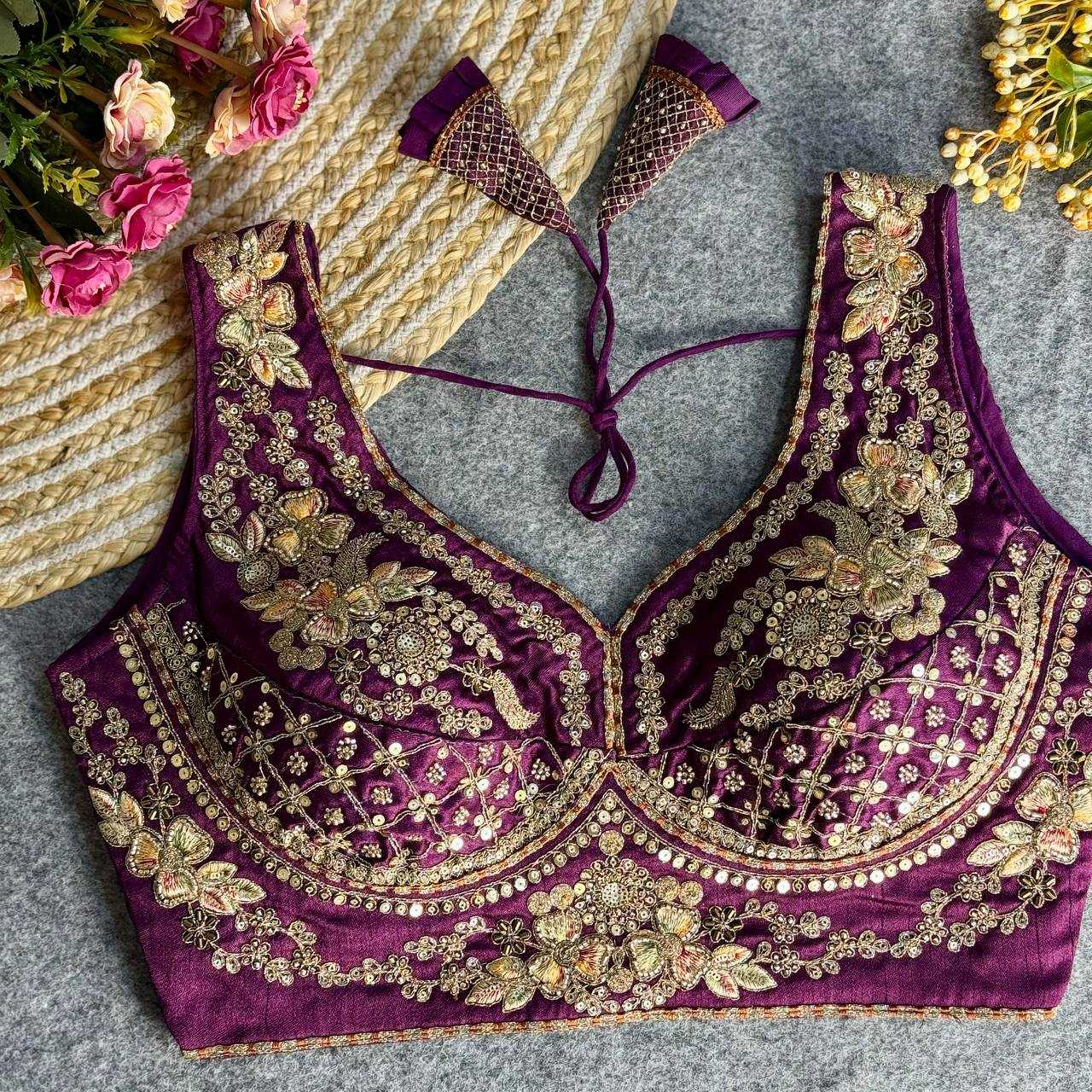Italian Silk  V-Neck  Sequence Embroidery Blouse