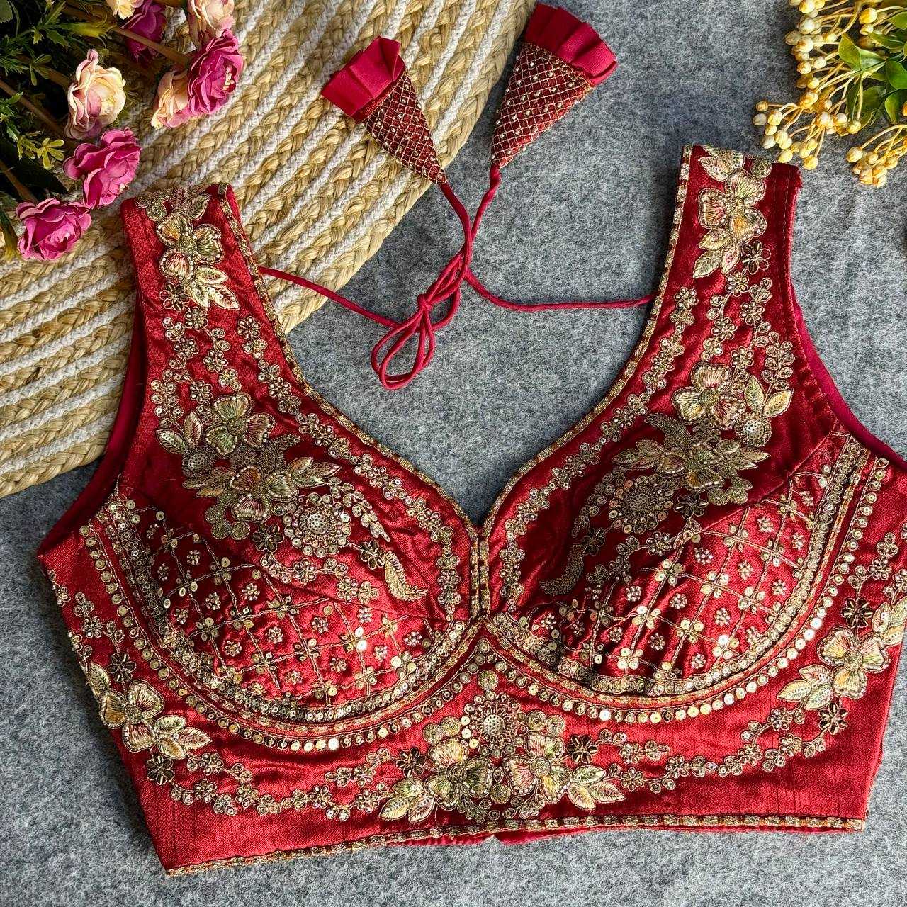 Italian Silk  V-Neck  Sequence Embroidery Blouse