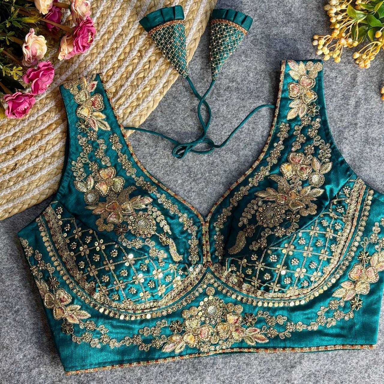 Italian Silk  V-Neck  Sequence Embroidery Blouse