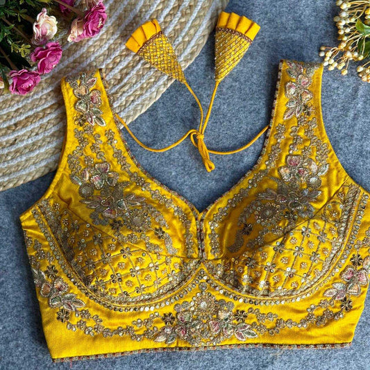 Italian Silk  V-Neck  Sequence Embroidery Blouse