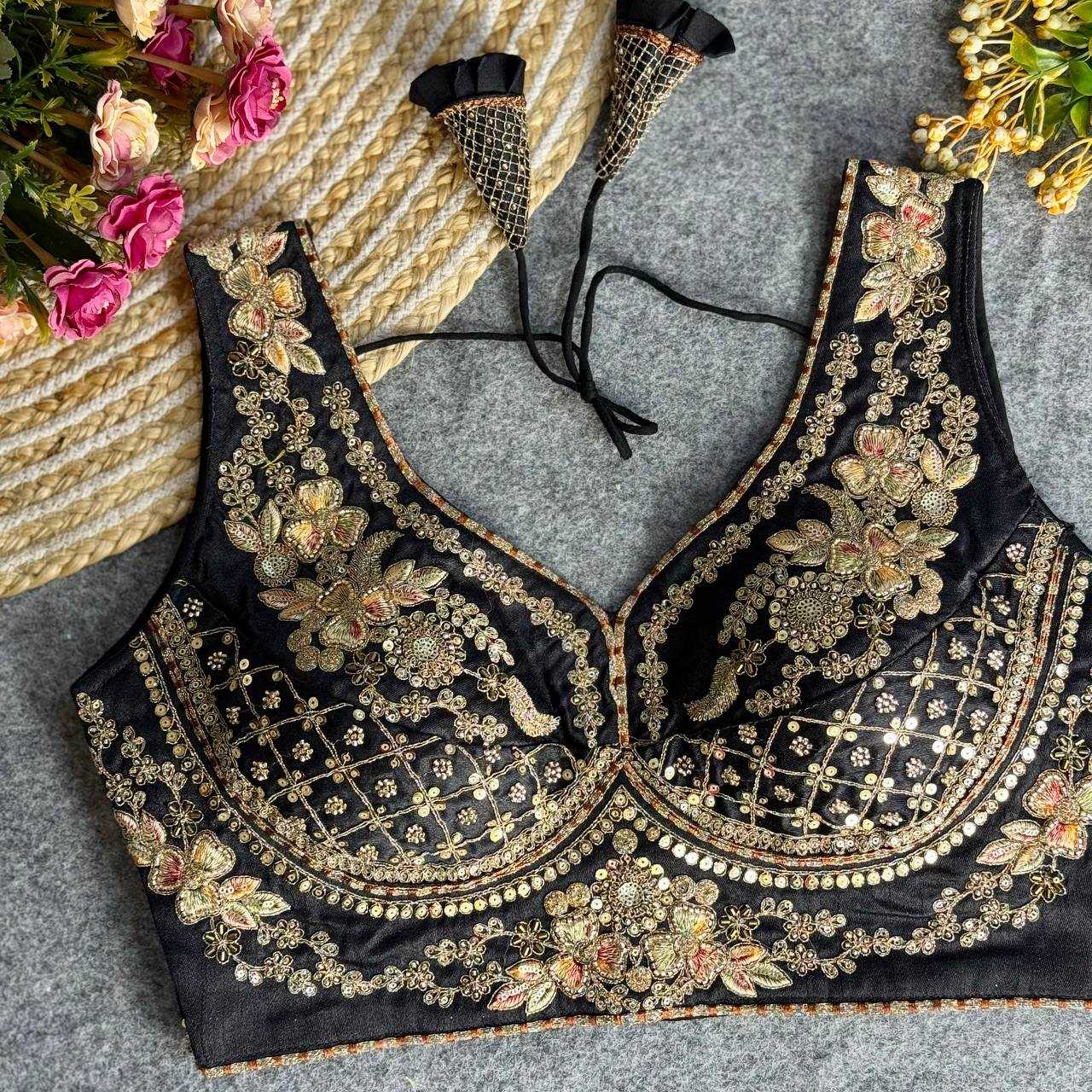 Italian Silk  V-Neck  Sequence Embroidery Blouse