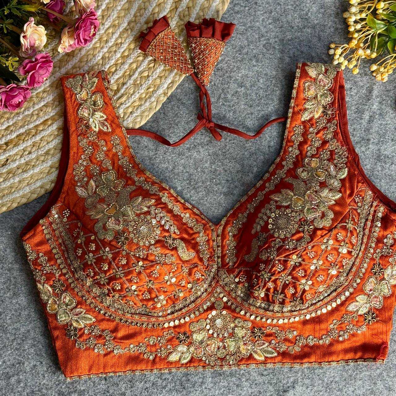 Italian Silk  V-Neck  Sequence Embroidery Blouse
