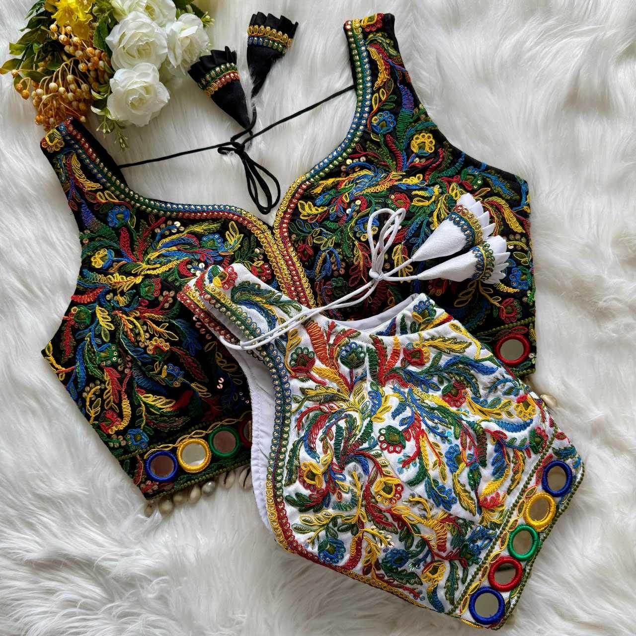 ITALIAN SILK READYMADE V-NECK SEQUENCE EMBROIDERY SLEEVELESS KUTCH WORK BLOUSE - MYLUXURY LANE ENTERPRISE