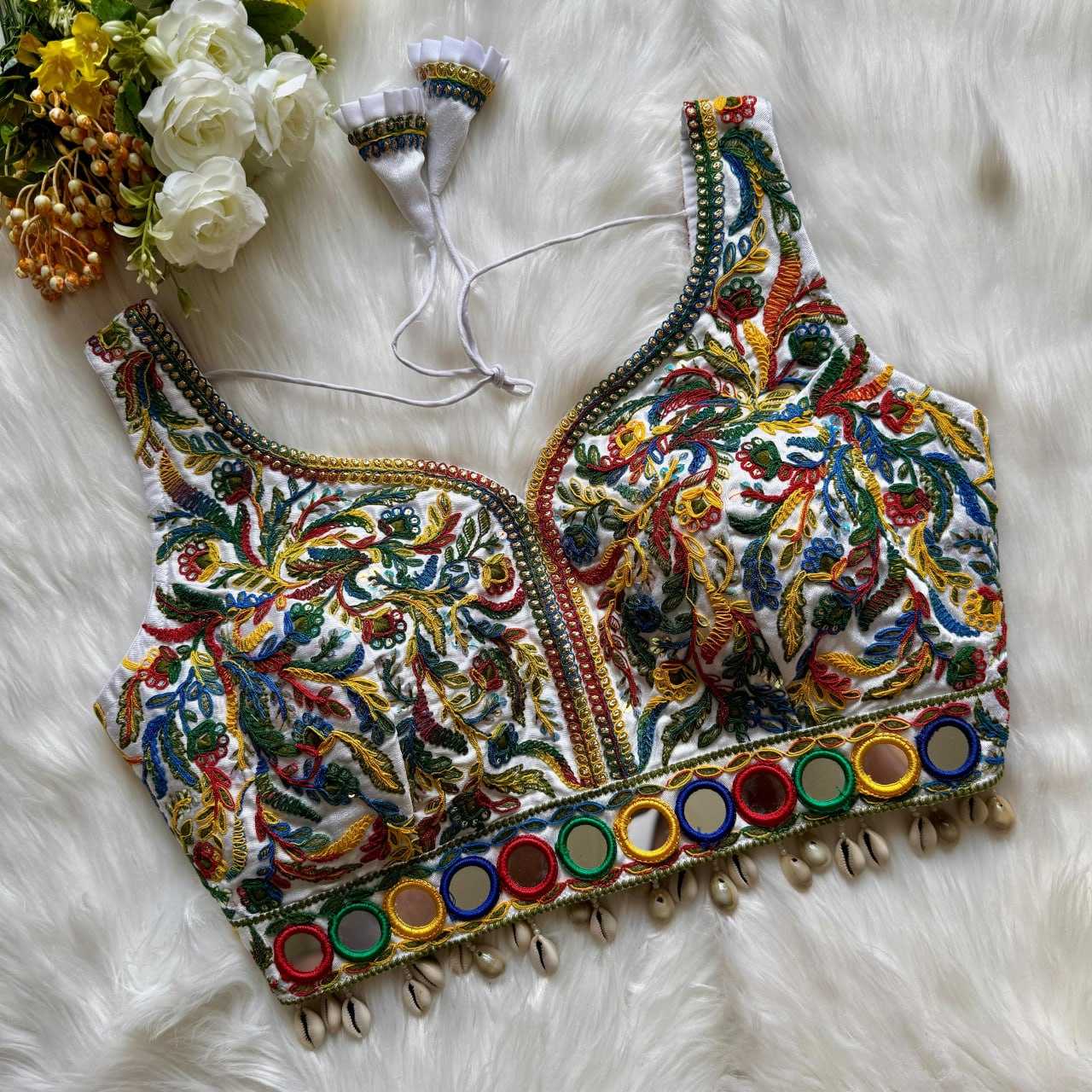ITALIAN SILK  READYMADE V-NECK SEQUENCE EMBROIDERY SLEEVELESS KUTCH WORK BLOUSE