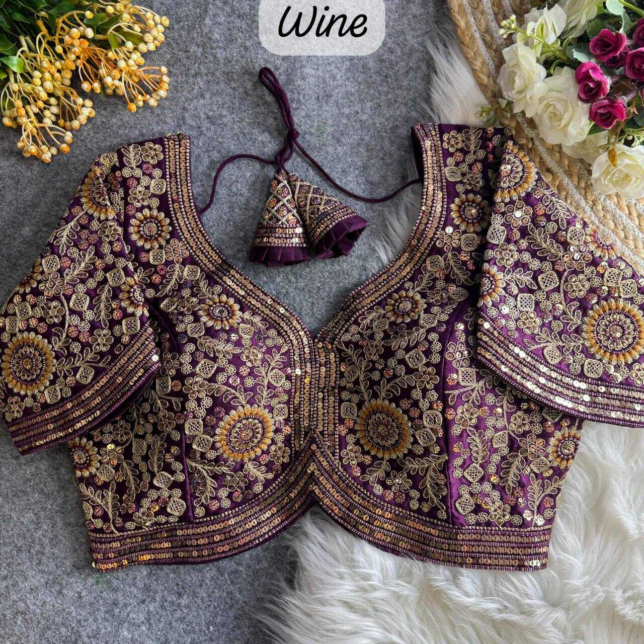 ITALIAN SILK  READYMADE  V-NECK SEQUENCE EMBROIDERY BLOUSE