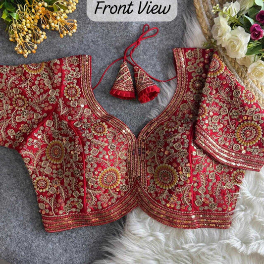 ITALIAN SILK  READYMADE  V-NECK SEQUENCE EMBROIDERY BLOUSE
