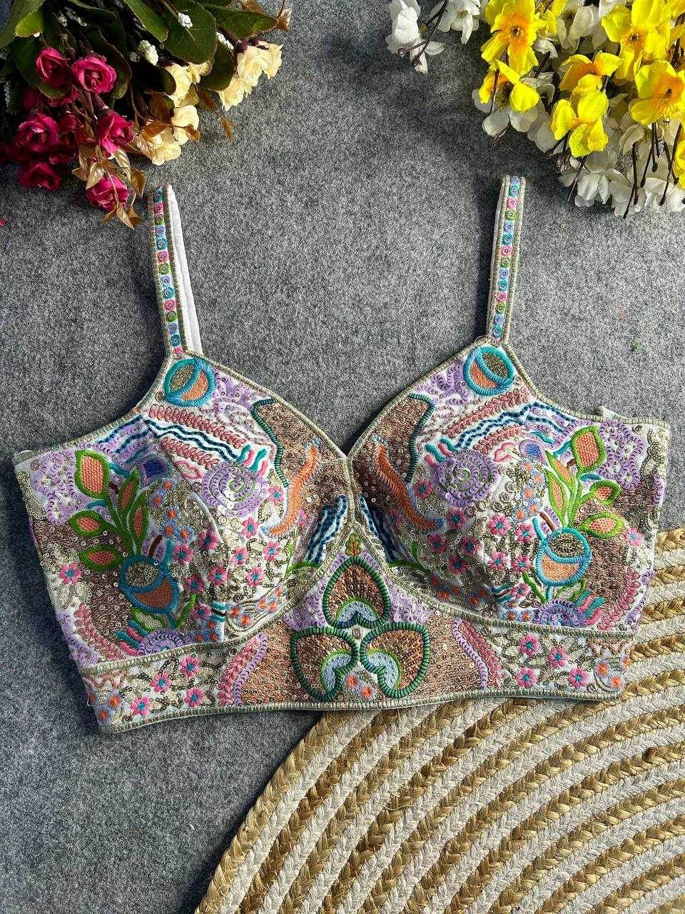 Italian Silk Spaghetti Readymade Sequence Embroidery Blouse - MYLUXURY LANE ENTERPRISE