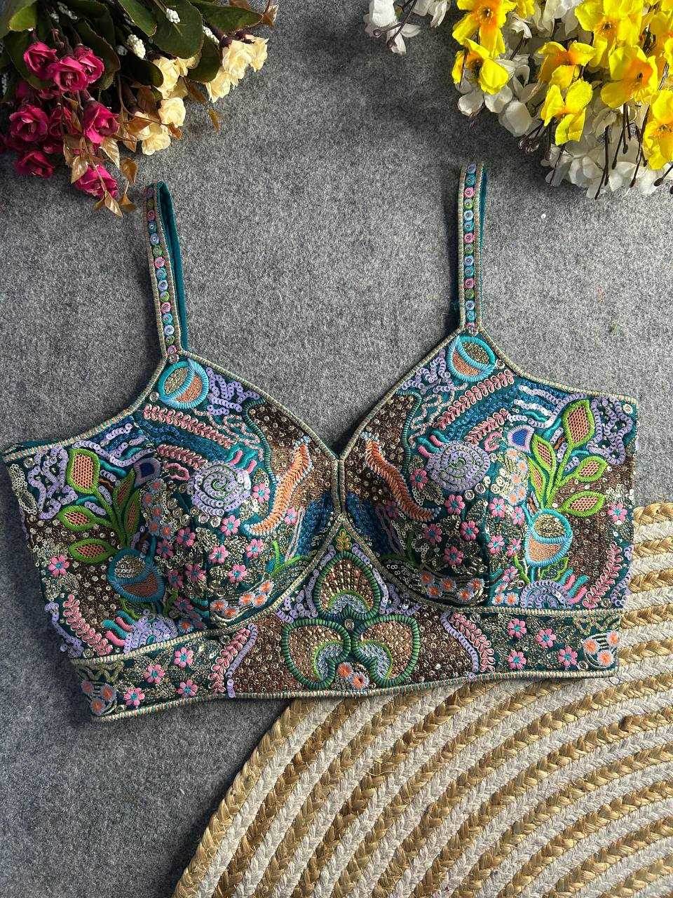 Italian Silk Spaghetti Readymade Sequence Embroidery Blouse - MYLUXURY LANE ENTERPRISE