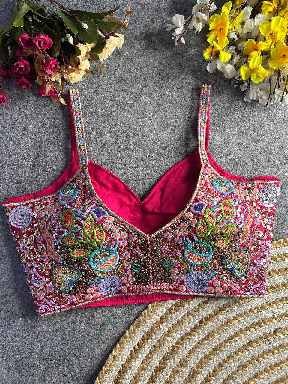 Italian Silk Spaghetti Readymade Sequence Embroidery Blouse