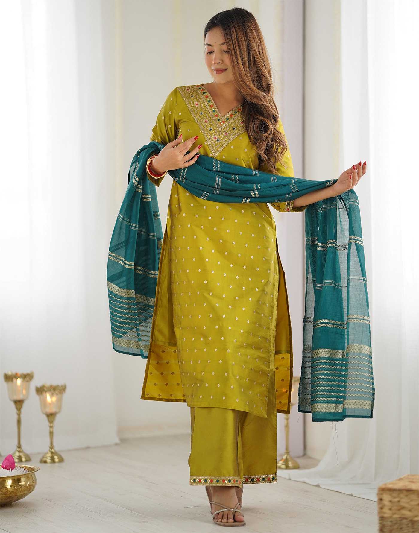 Jacquard  Embroidery  Yellow Salwar Suit
