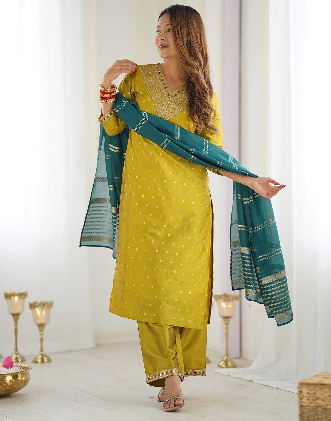 Jacquard  Embroidery  Yellow Salwar Suit