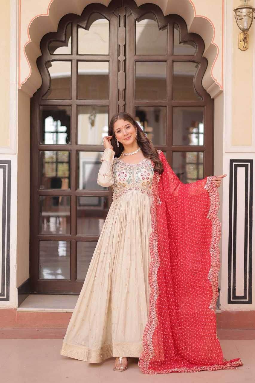 Jacquard Embroidered Gown With Dupatta - MYLUXURY LANE ENTERPRISE