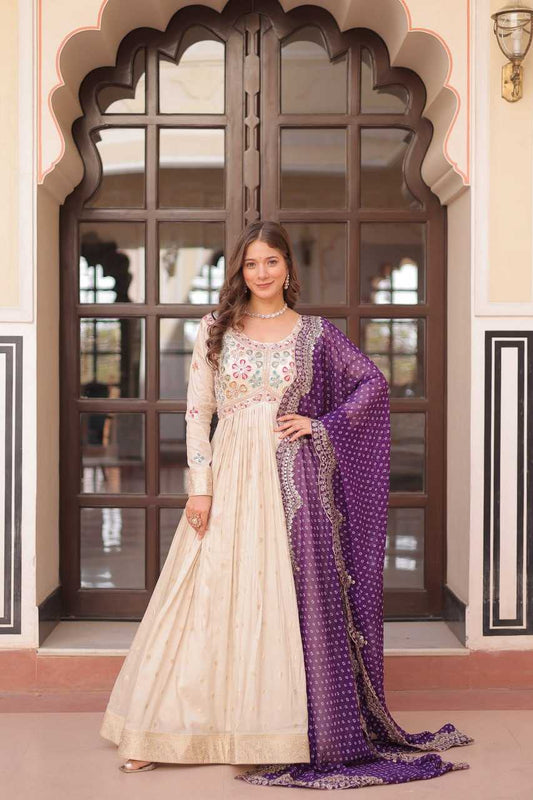 Jacquard  Embroidered Gown With Dupatta