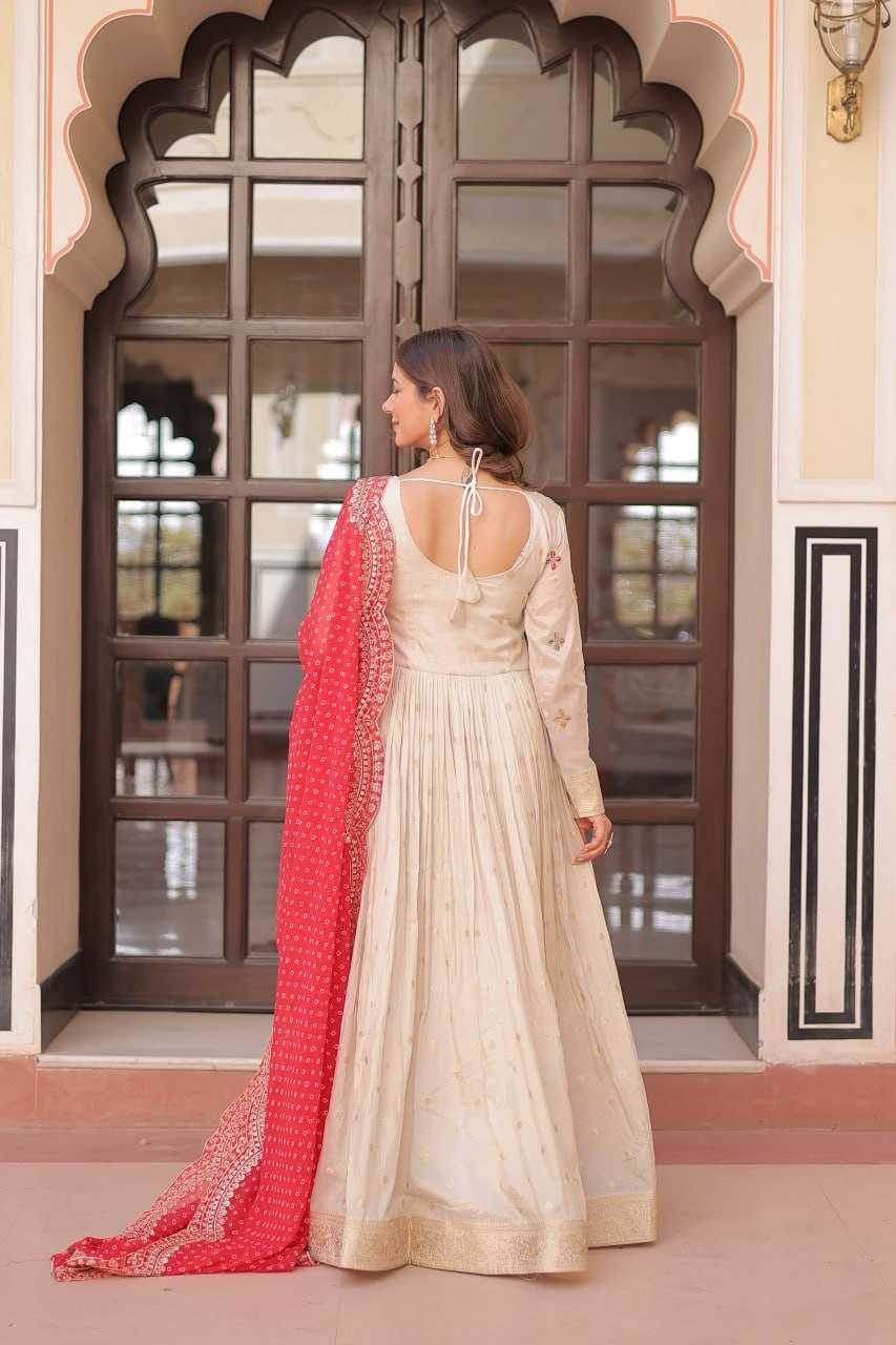 Jacquard Embroidered Gown With Dupatta - MYLUXURY LANE ENTERPRISE