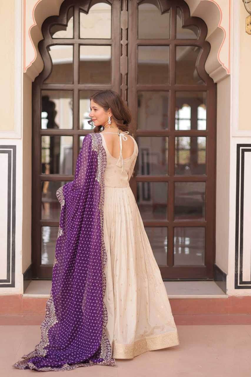 Jacquard Embroidered Gown With Dupatta - MYLUXURY LANE ENTERPRISE