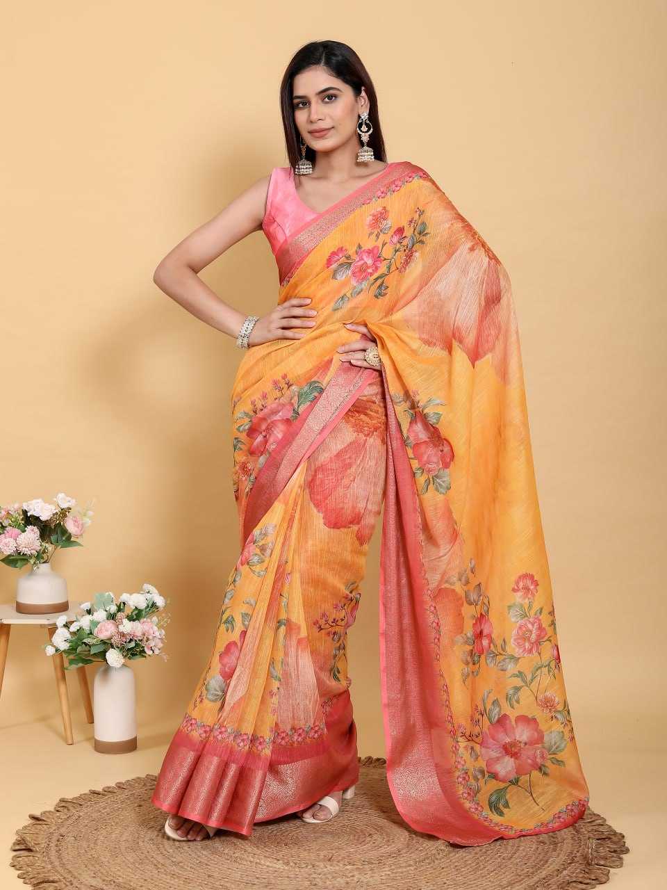 Jacquard Printed Cotton Linen Saree