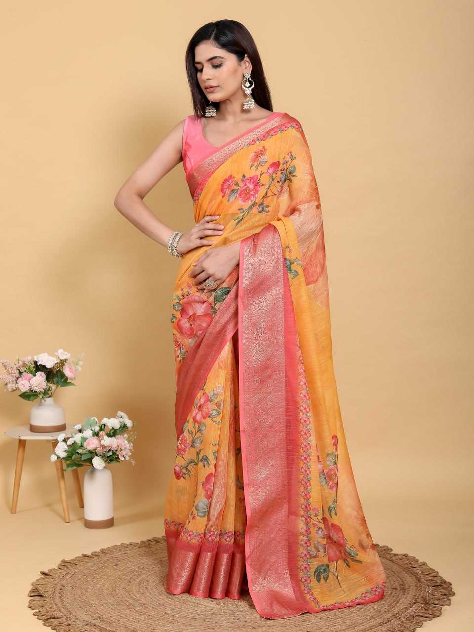 Jacquard Printed Cotton Linen Saree