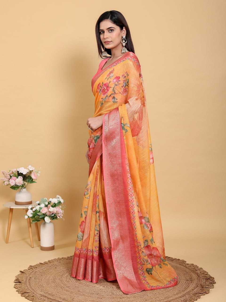 Jacquard Printed Cotton Linen Saree