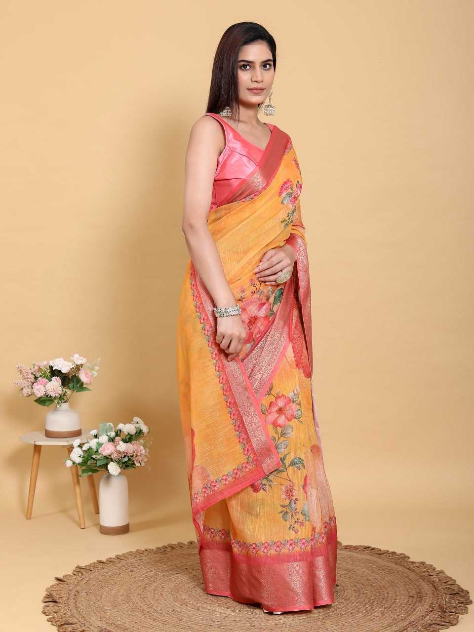 Jacquard Printed Cotton Linen Saree