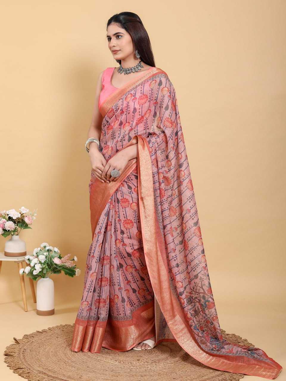 Jacquard Party Wear Cotton Linen Sarees - MYLUXURY LANE ENTERPRISE