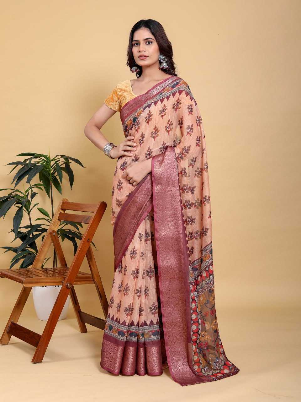 Jacquard  Printed Cotton Linen Jacquard Saree