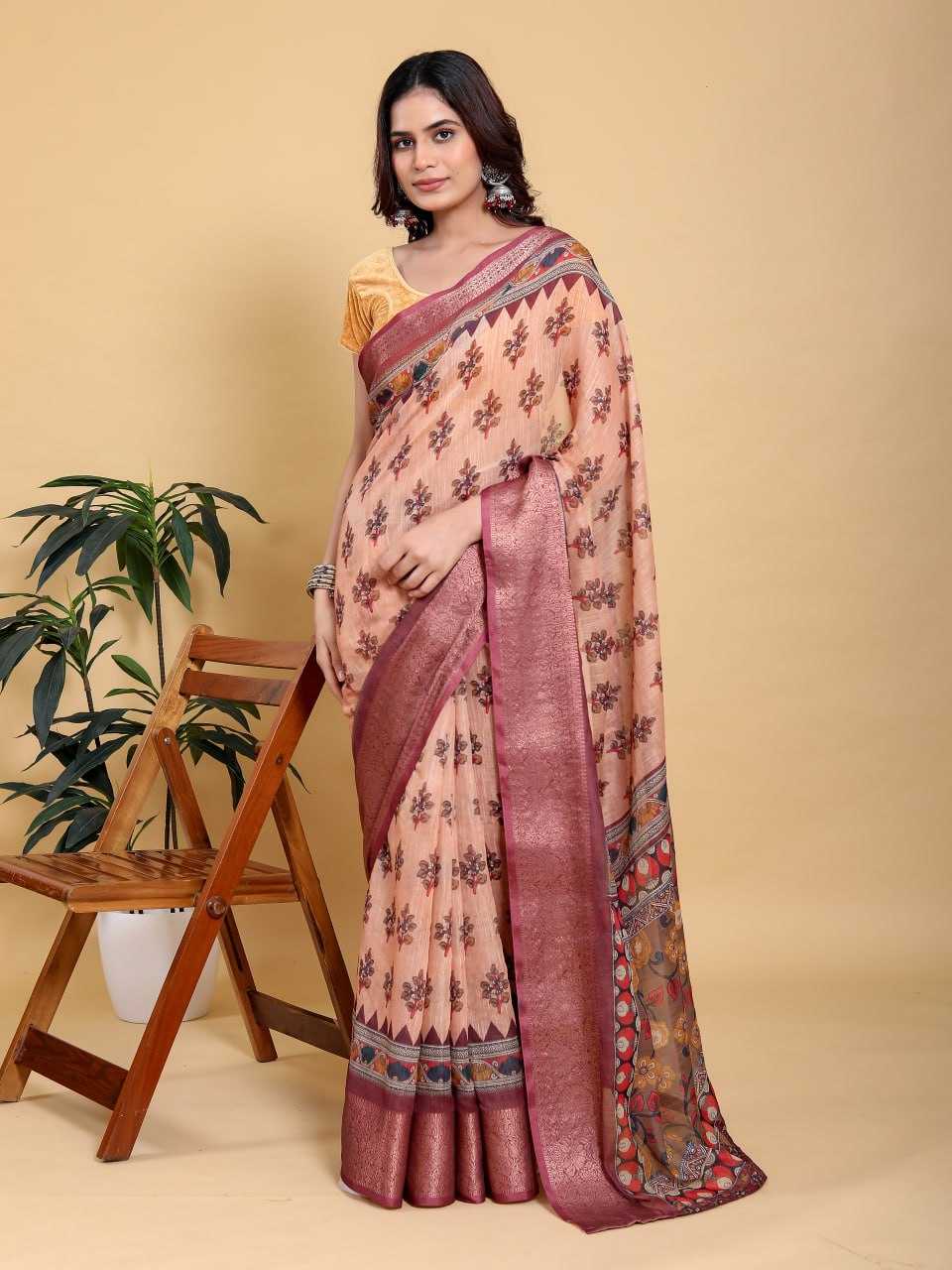 Jacquard  Printed Cotton Linen Jacquard Saree