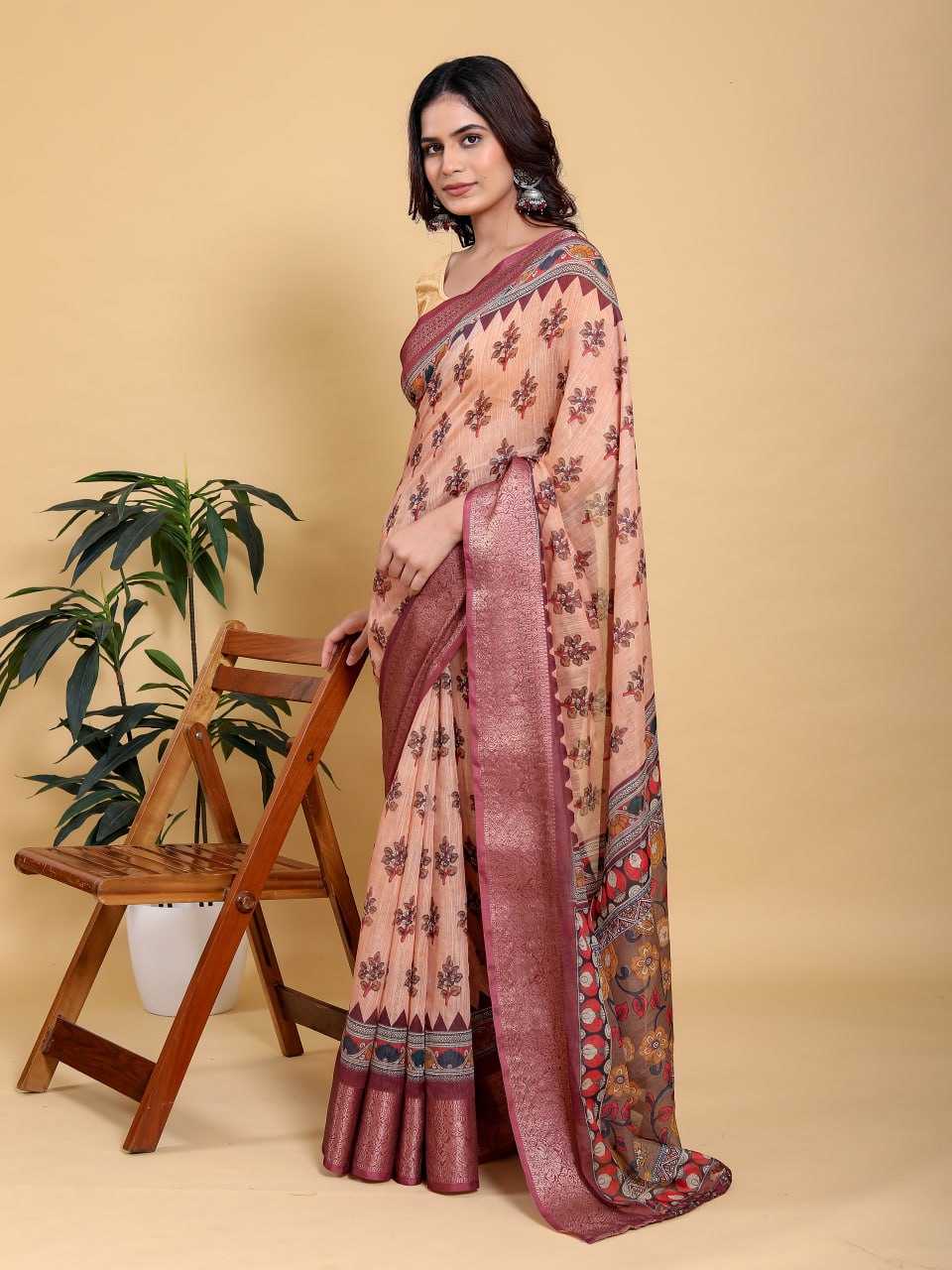 Jacquard  Printed Cotton Linen Jacquard Saree