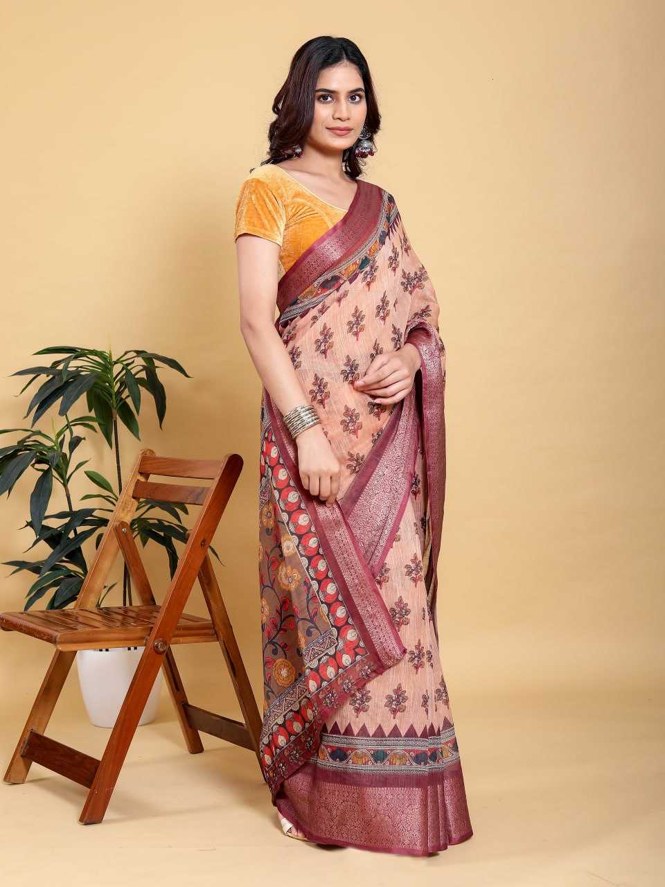 Jacquard  Printed Cotton Linen Jacquard Saree
