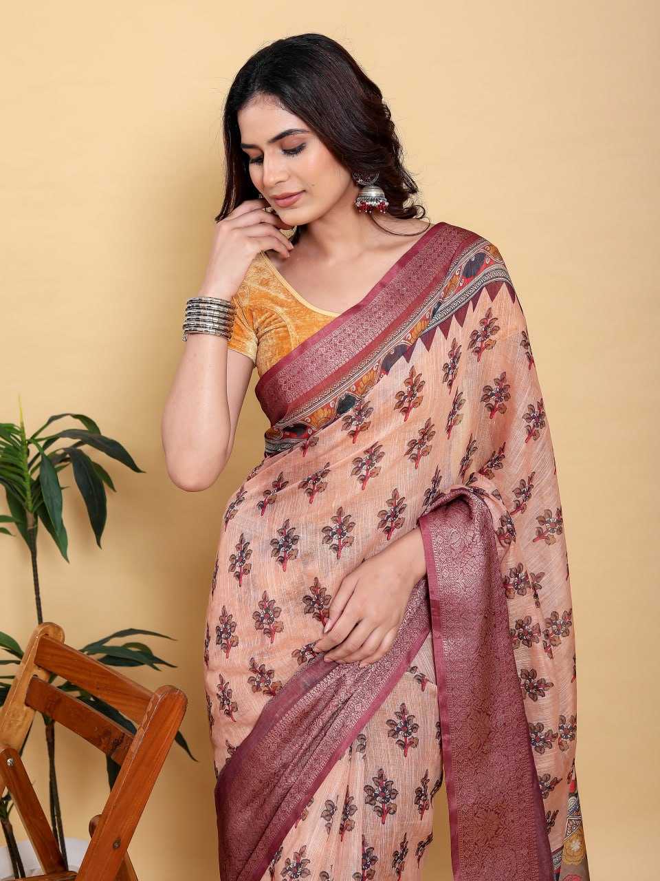 Jacquard  Printed Cotton Linen Jacquard Saree