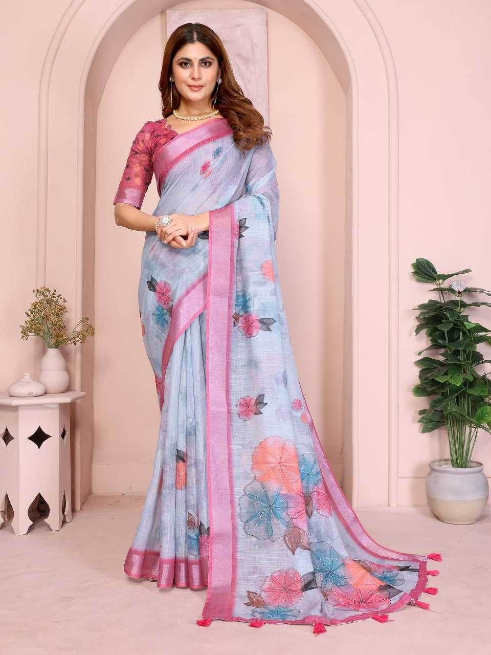 Linen Floral Printed Cotton Saree - MYLUXURY LANE ENTERPRISE