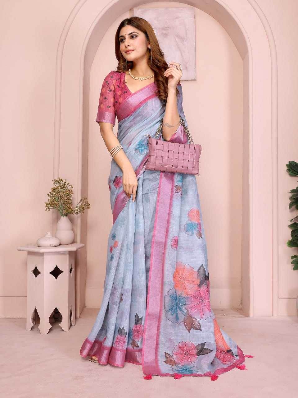 Linen Floral Printed Cotton Saree - MYLUXURY LANE ENTERPRISE