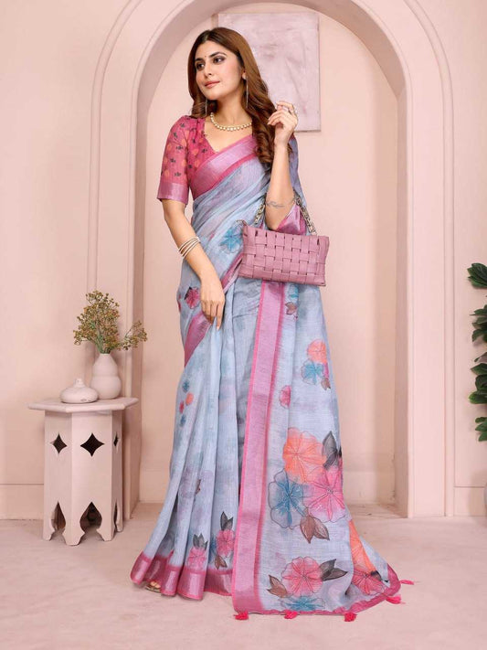Linen  Floral Printed Cotton Saree