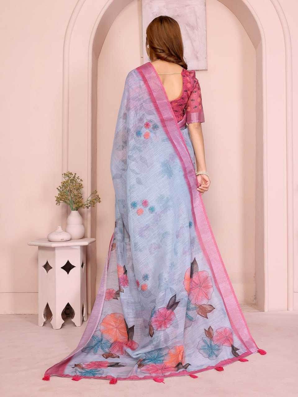 Linen Floral Printed Cotton Saree - MYLUXURY LANE ENTERPRISE