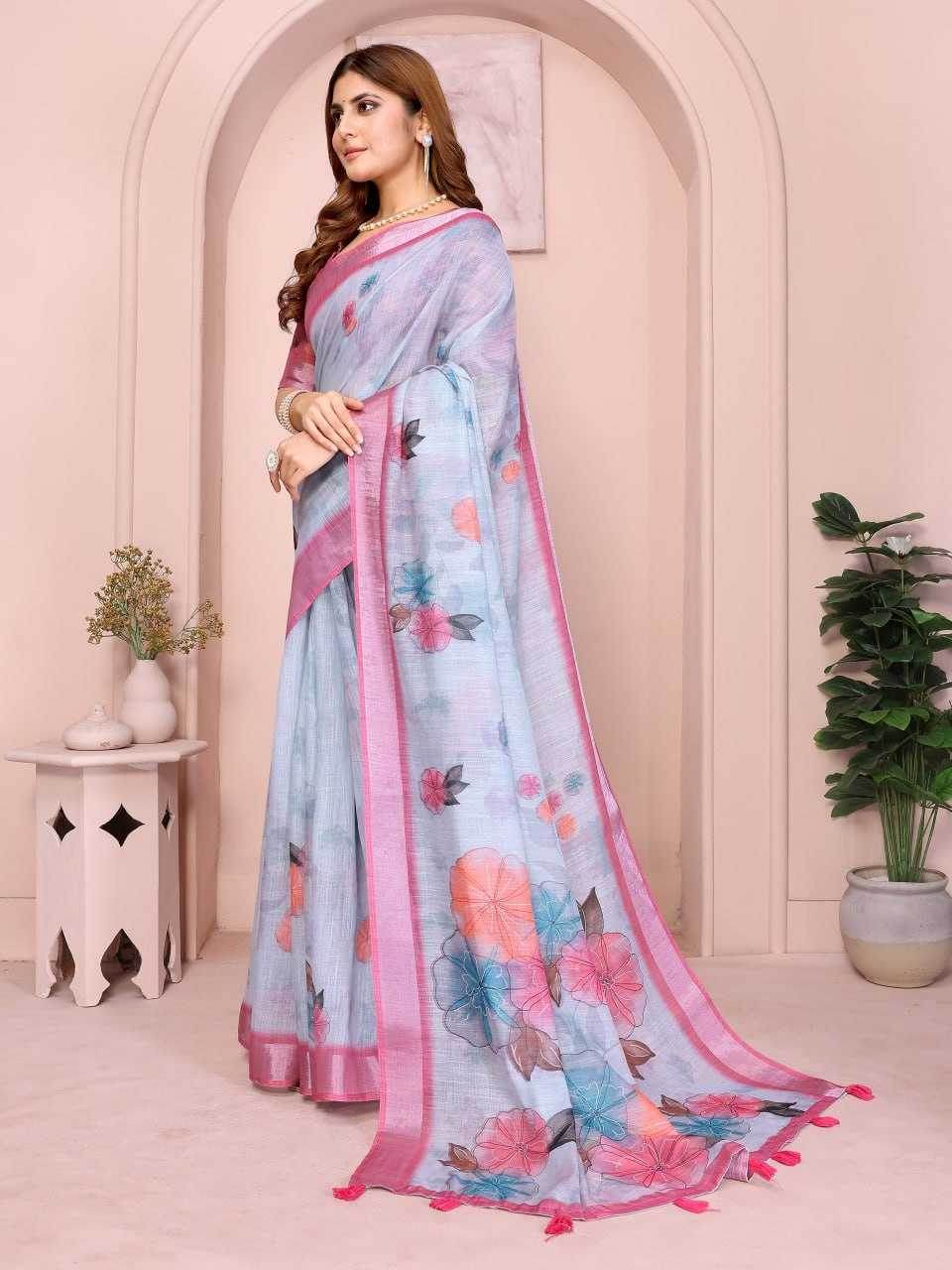 Linen Floral Printed Cotton Saree - MYLUXURY LANE ENTERPRISE
