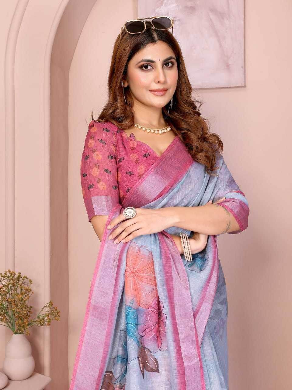 Linen Floral Printed Cotton Saree - MYLUXURY LANE ENTERPRISE