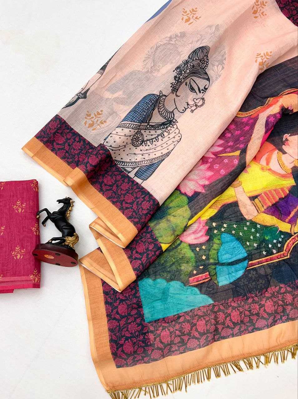 Linen  Printed Sarees  With Blouse