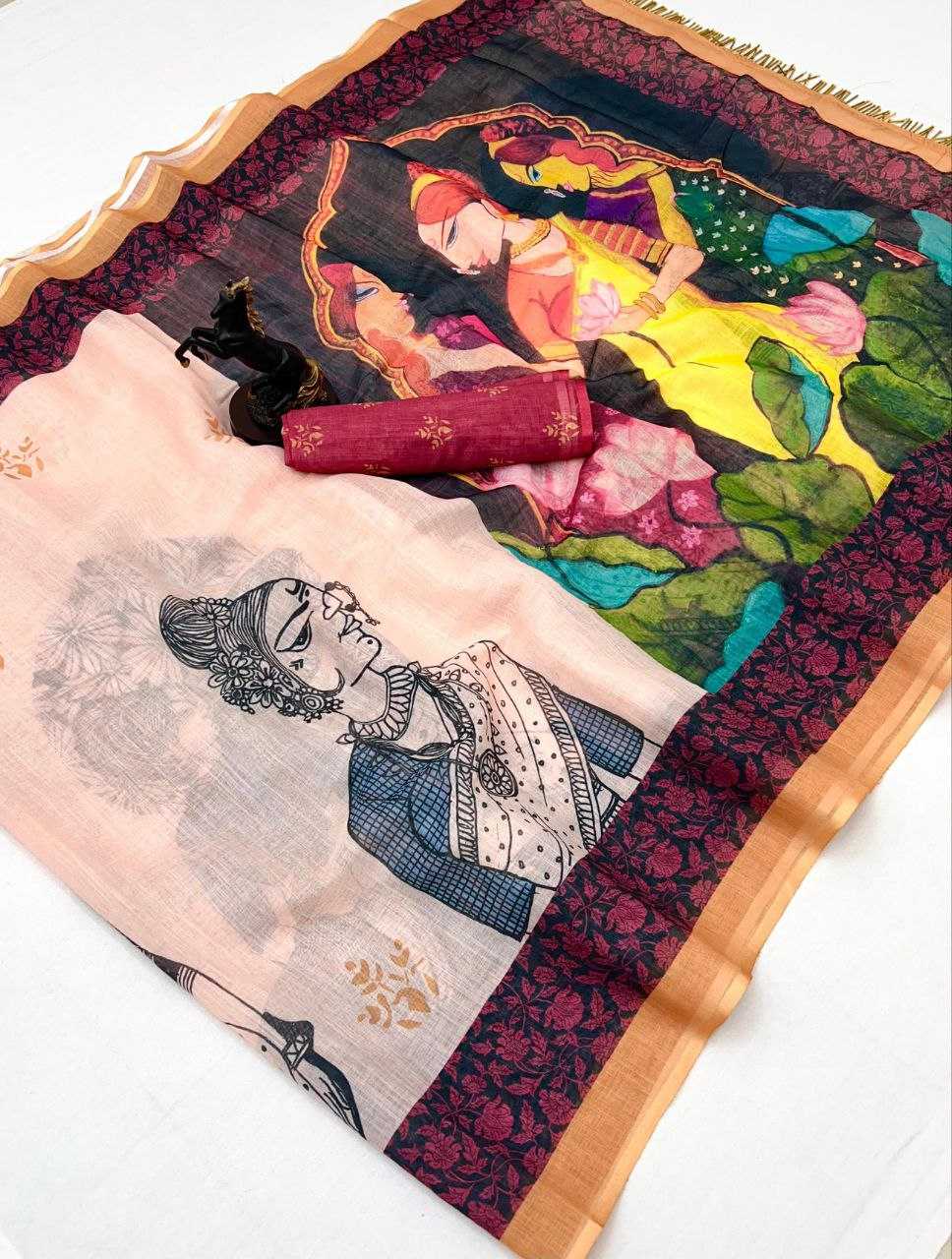 Linen  Printed Sarees  With Blouse