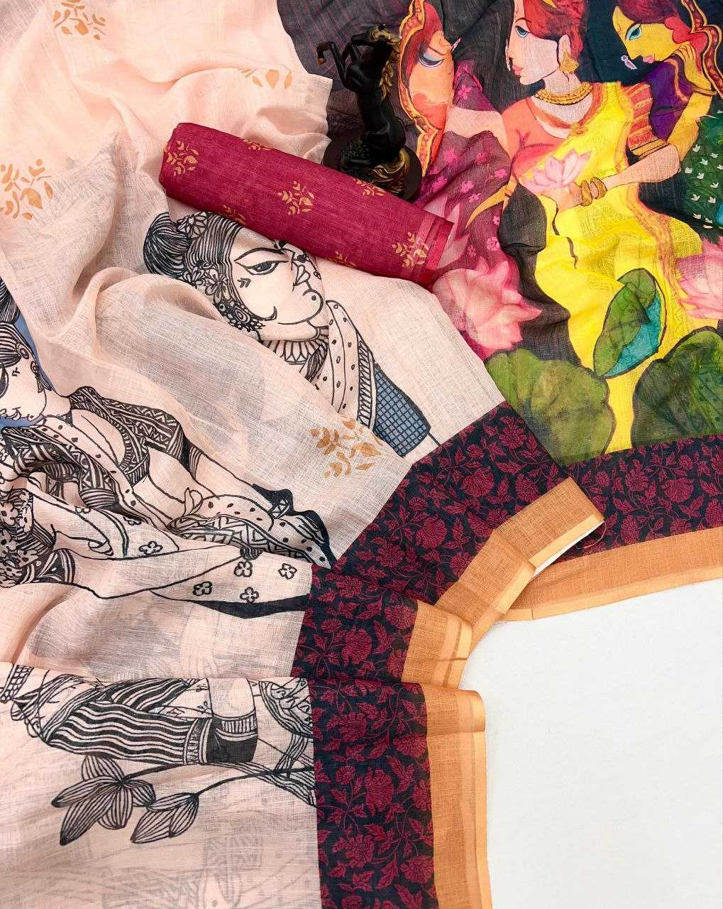 Linen  Printed Sarees  With Blouse